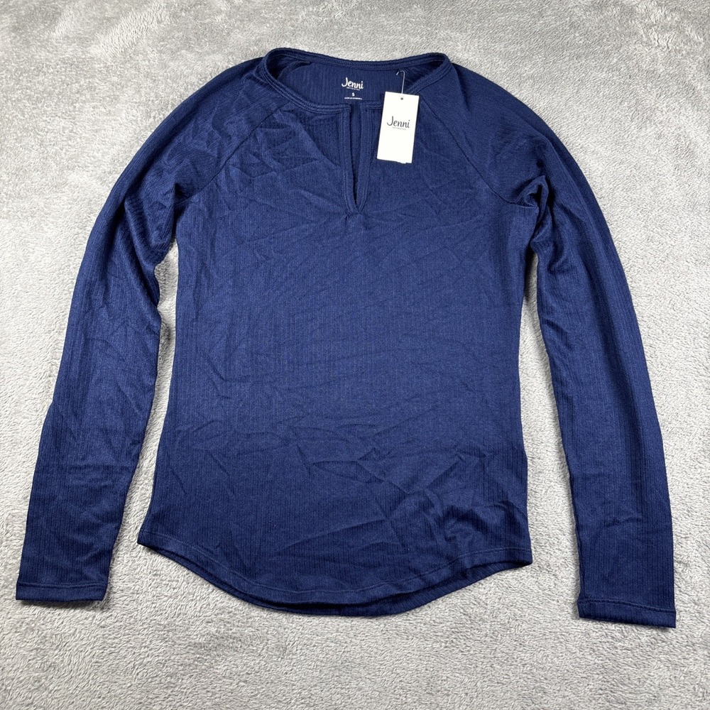 Jenni Intimates Solid Ribbed Long‎ Sleeve Split V-Neck Blue Size Small NWT